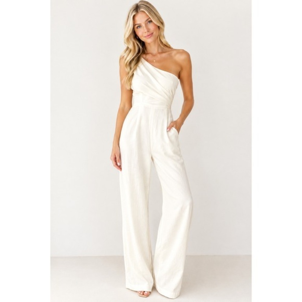 NWT Lulus Jumpsuit Womens Large White One Shoulder Wide Leg Draped Formal